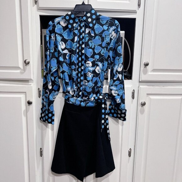 DIANE VON FURSTENBERG Olia Mixed Media Wrap Dress Blue Black Size XS - NWT $458 - Picture 6 of 9